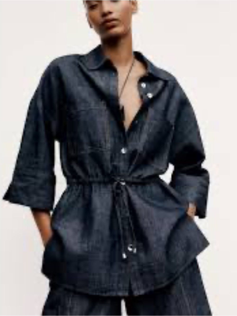 Zara Dark Blue Linen Safari Denim Chambray Tie Jacket size Large NWT